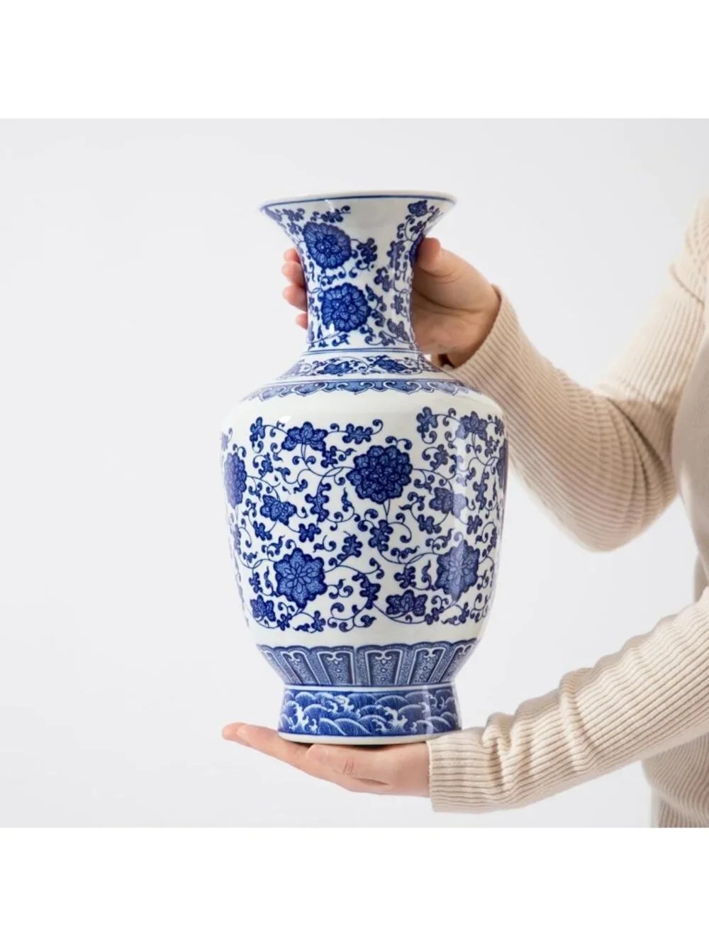 Large 13-Inch Blue & White Porcelain Vase - Elegant Home Decor Accent